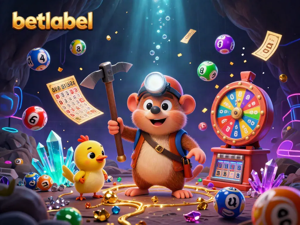 Engaging treasure hunter mole explores Betlabel casino with vibrant gaming elements and golden treasures.