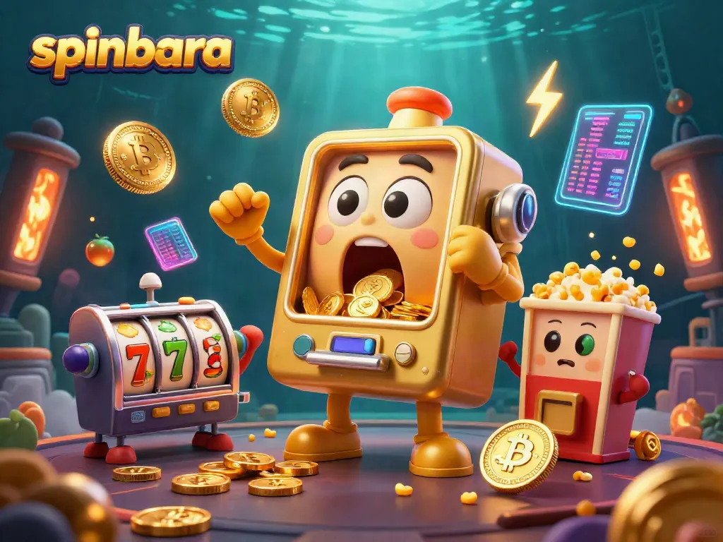 Spinbara slot machines celebrate a jackpot with coins pouring out, showcasing vibrant casino elements.