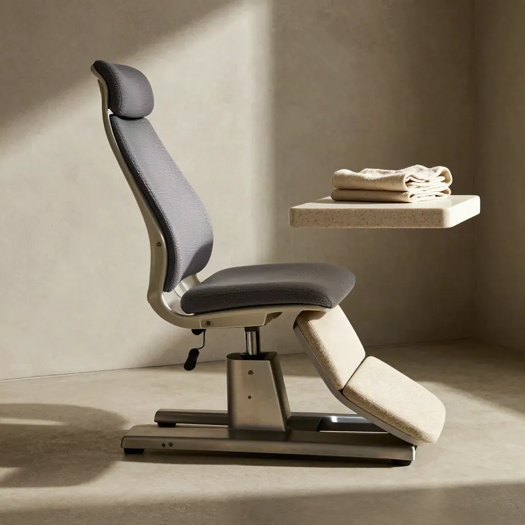 Silla ergonómica, cuña lumbar y reposapiés en una postura de trabajo corregida
