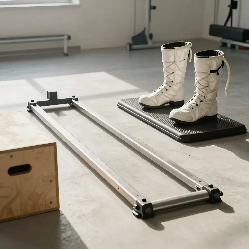 Estación de recuperación deportiva con caja pliométrica, trineo, almohadilla de equilibrio y botas de compresión.