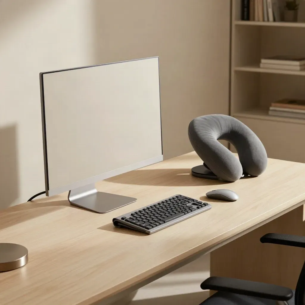 Escritorio ergonómico elevado con cojín cervical y manta térmica en ambiente clínico sereno.