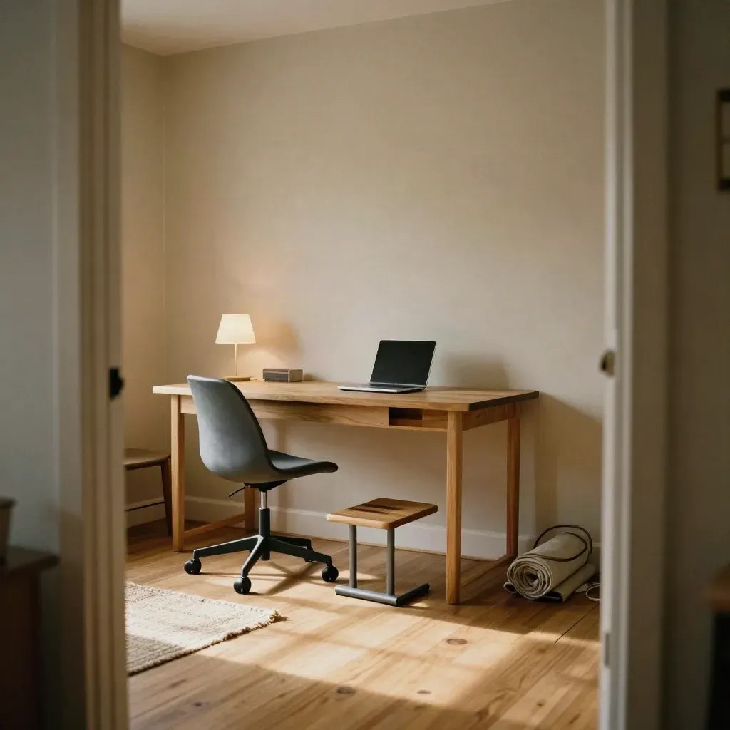 Escritorio ergonómico listo para trabajar sin dolor, con apoyo lumbar y reposapiés.