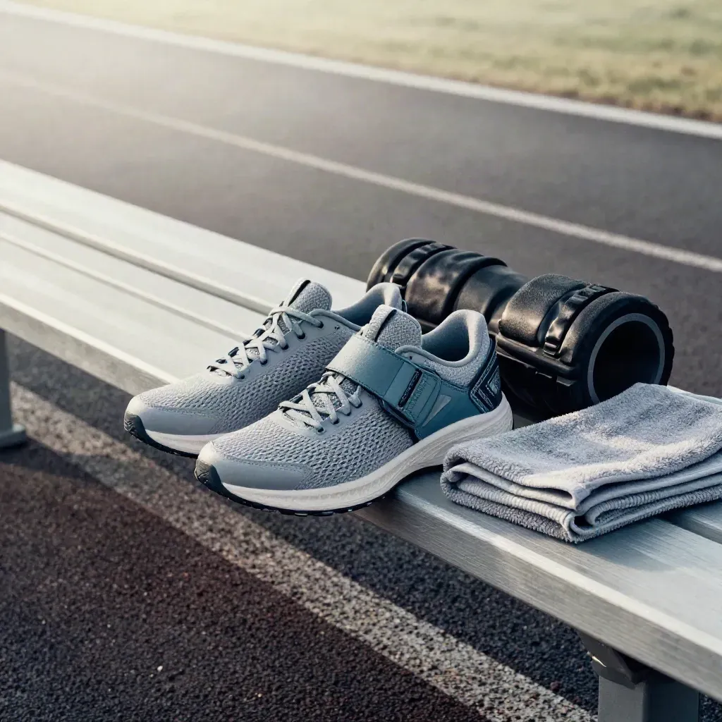 Zapatillas, tobillera y foam roller sobre un banco junto a la pista con bruma matinal.