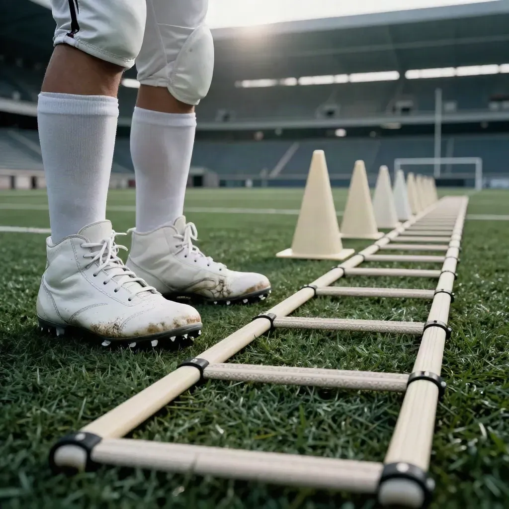 Botas de fútbol, espinilleras, conos y escalera de agilidad sobre césped en estadio con niebla.