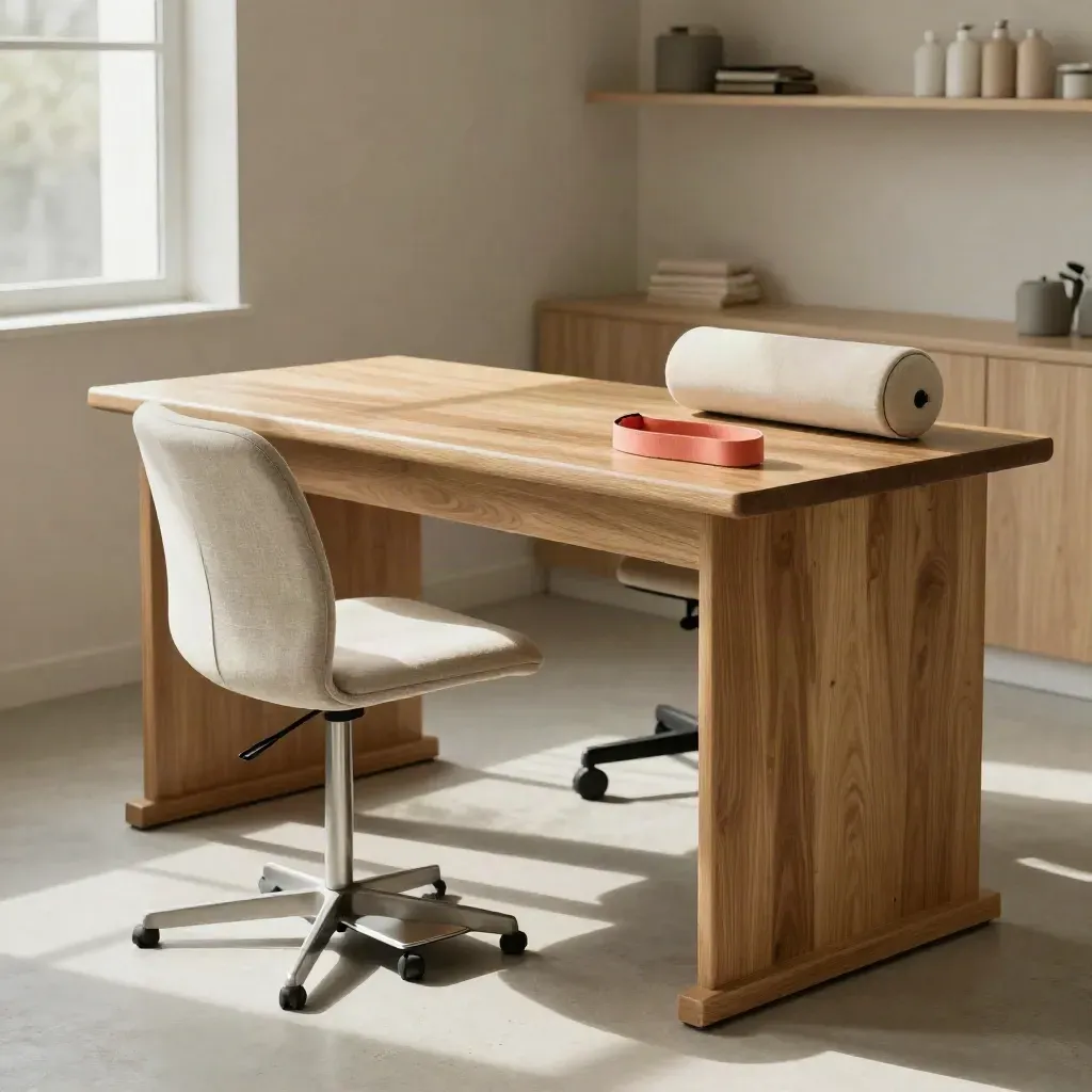Esquina de oficina ergonómica con silla neutra, apoyo lumbar y reposapiés junto a un escritorio alto.