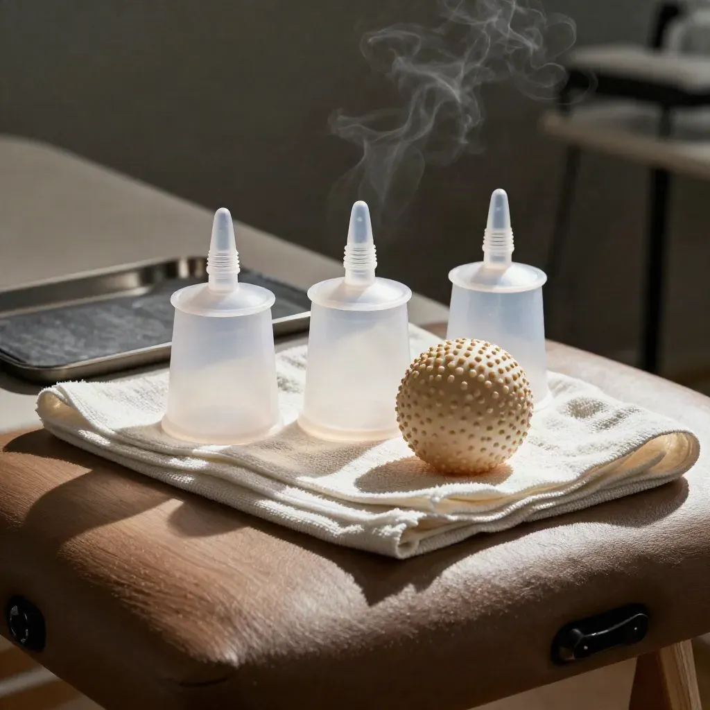 Set de ventosas de silicona, bola de terapia y gasa sobre lino en una clínica.