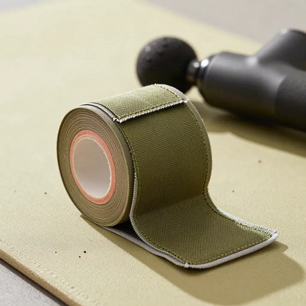 Primer plano de férula de tobillo, vendas de kinesiología y cabezal de masaje sobre una colchoneta de gimnasio.