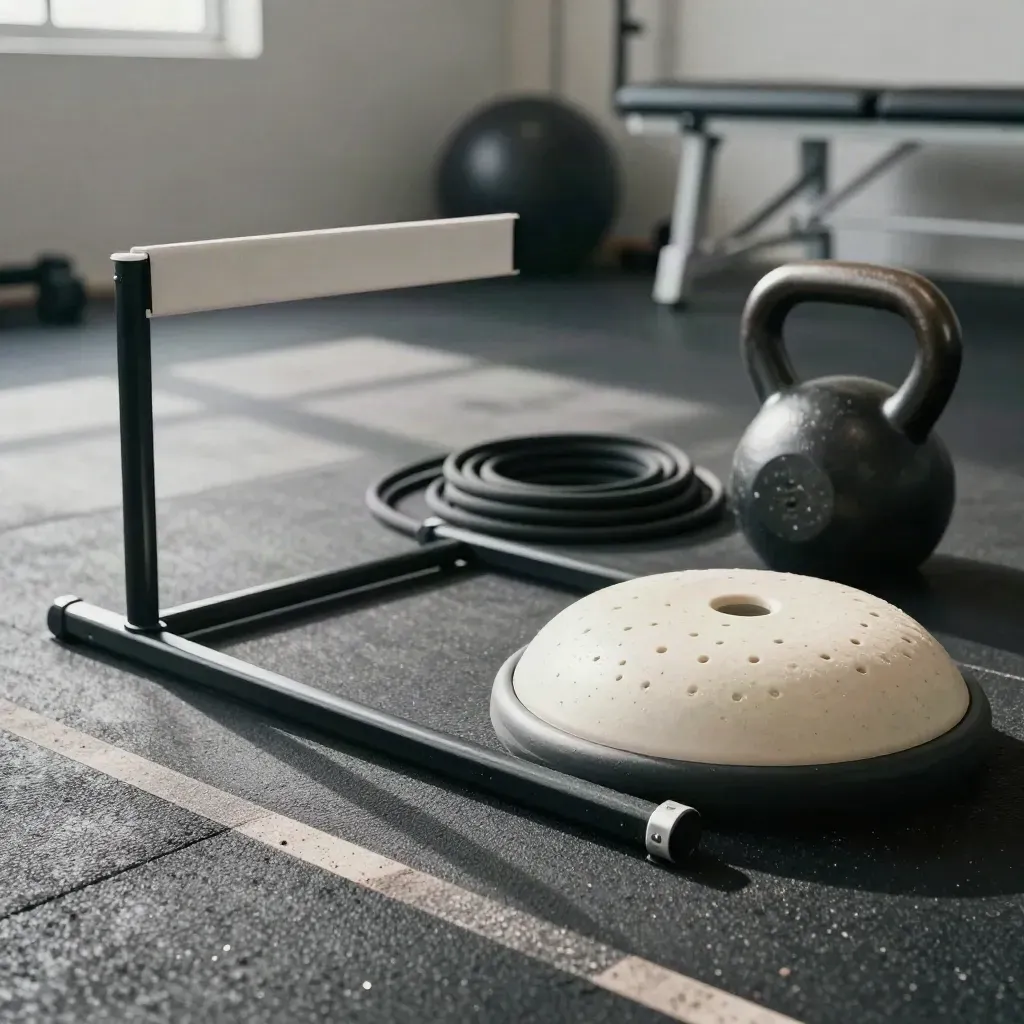 Material de rehabilitación: mini valla, disco de equilibrio, cordón elástico y asa de kettlebell.