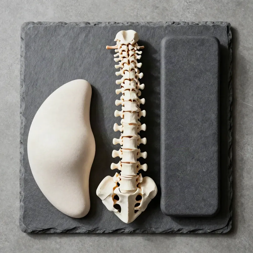 Flatlay cenital de columna, cuña pélvica y almohadilla de equilibrio sobre una bandeja de pizarra.