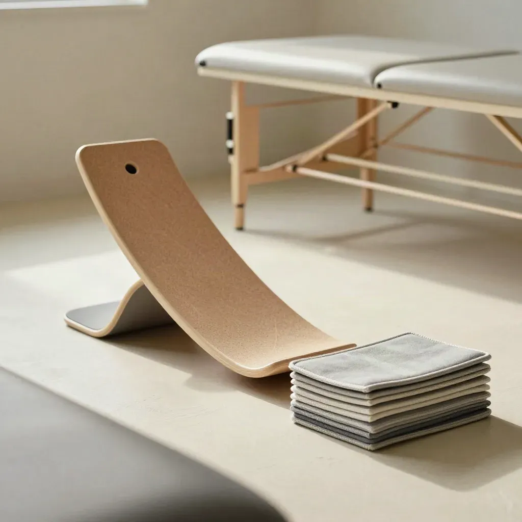 Tabla de equilibrio, cuña de tobillo y almohadillas apiladas en un estudio de rehabilitación.