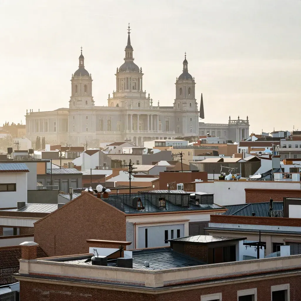 Skyline de Madrid con las Cuatro Torres entre niebla al amanecer tras la lluvia.