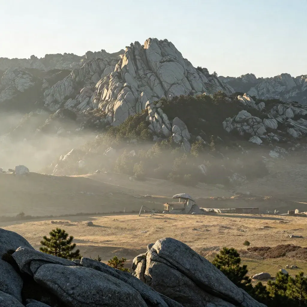 Montañas graníticas de la Sierra de Madrid con pinos y niebla al amanecer.