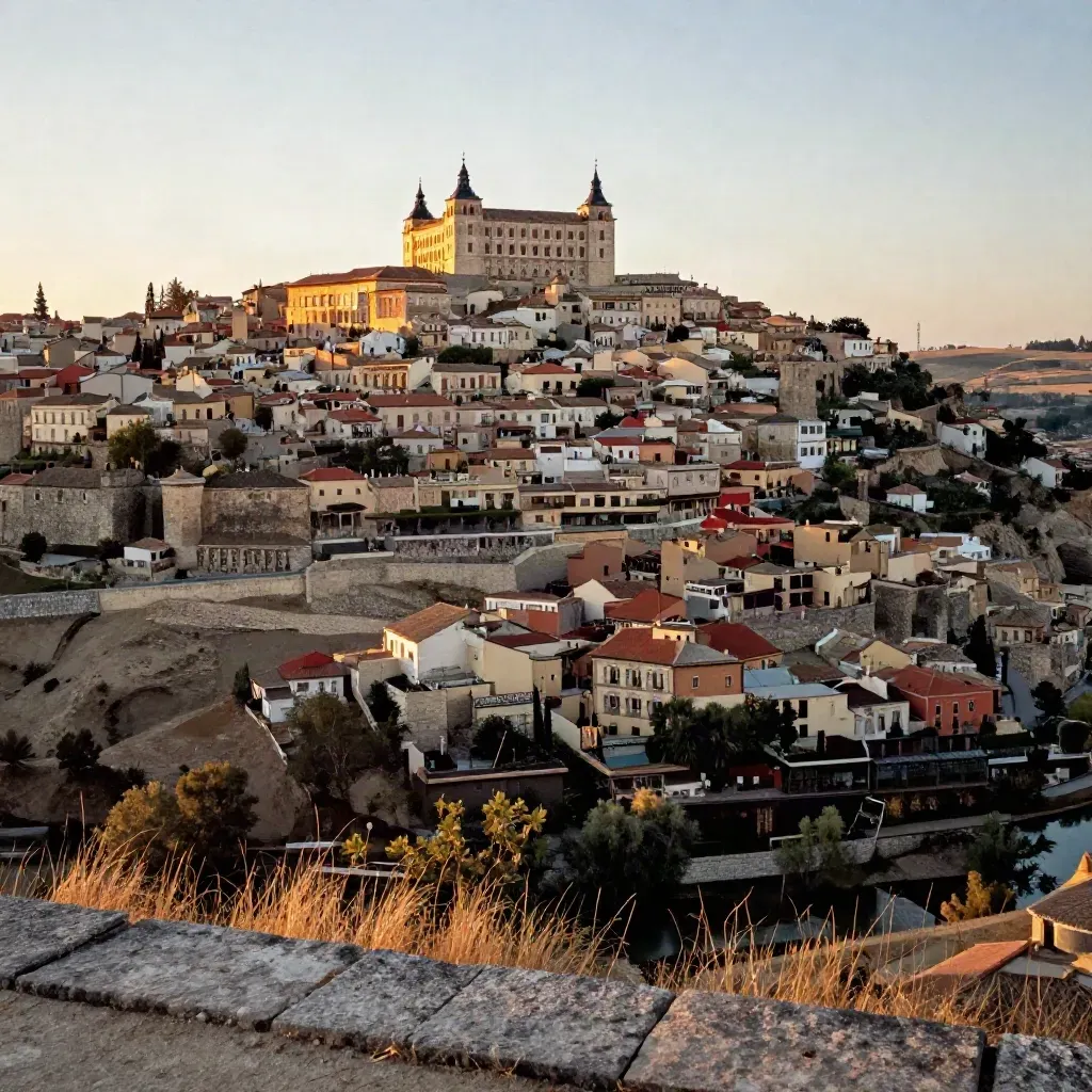Toledo al atardecer sobre la llanura de La Sagra, con atmósfera cálida y piedra dorada.