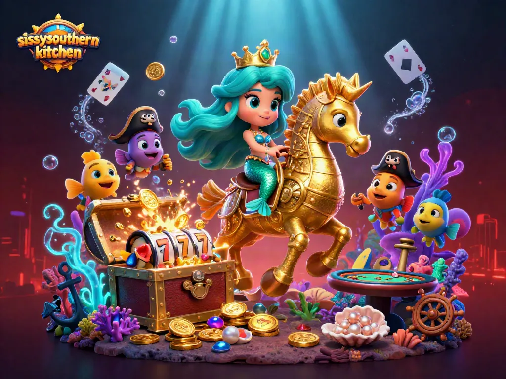 Sissy's Southern Kitchen showcases a vibrant underwater casino scene with dynamic characters and gaming elements.
