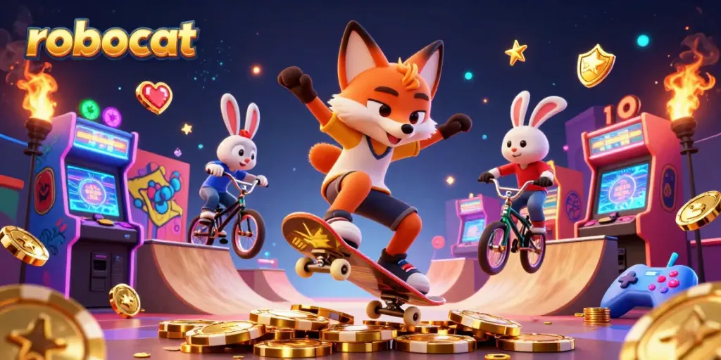 Experience winning strategies with robocat in a vibrant 3D casino scene.